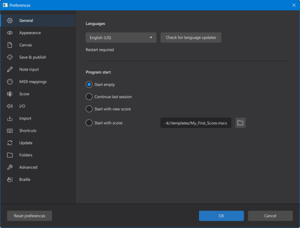 Dialog: Edit / Preferences / General