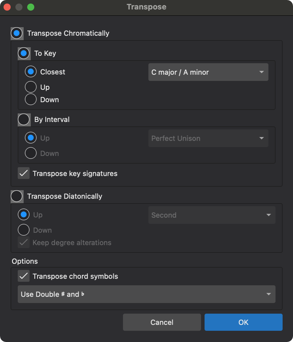 Transpose dialog