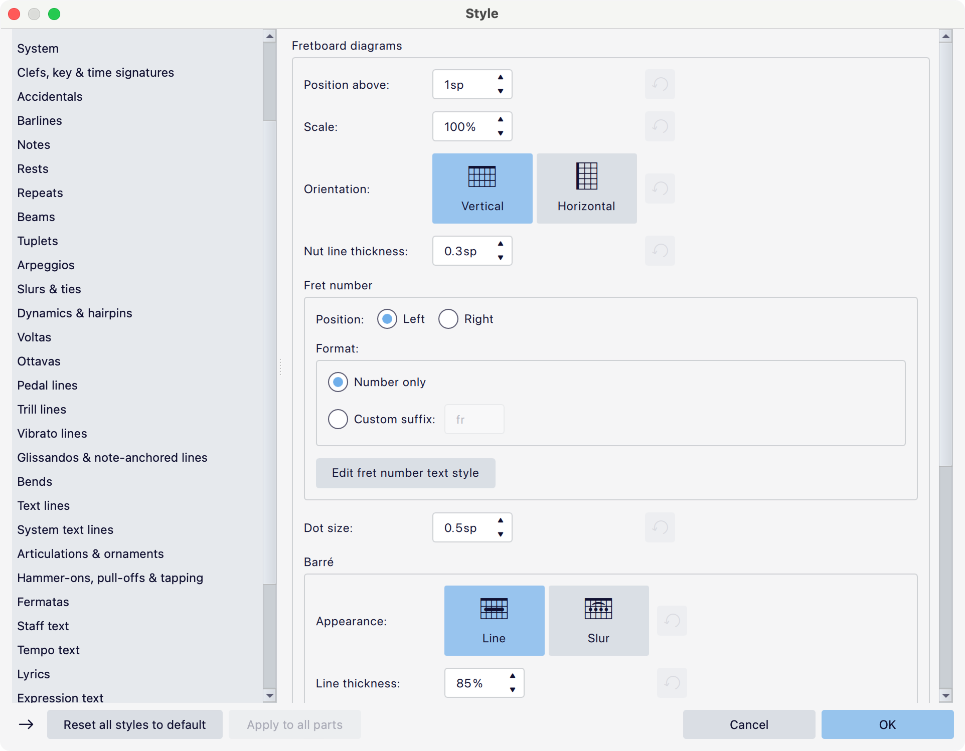 Fretboard diagram style settings